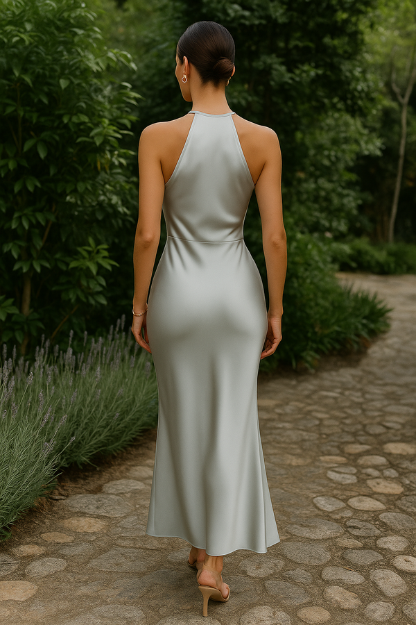 Satin Silver Halter Maxi Dress