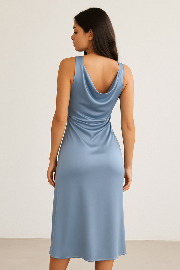 Satin Cowl Neck Midi Dress – Light Blue