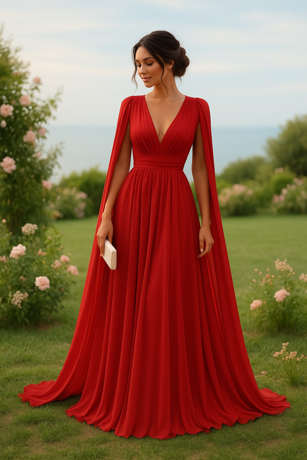 Red Cape Sleeve V-Neck Evening Gown Elegant dress