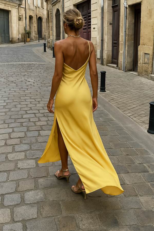 Satin One-Shoulder Yellow Slip Dress