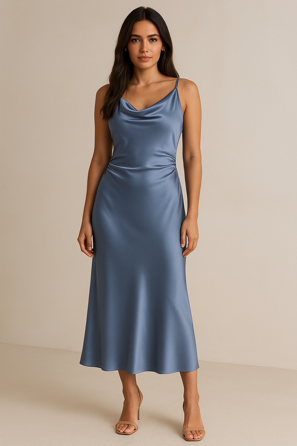 Satin Cowl Neck Midi Dress – Light Blue