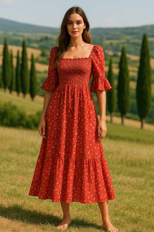 Red Cottagecore Floral Midi Dress – Square Neck & Ruffle Sleeves