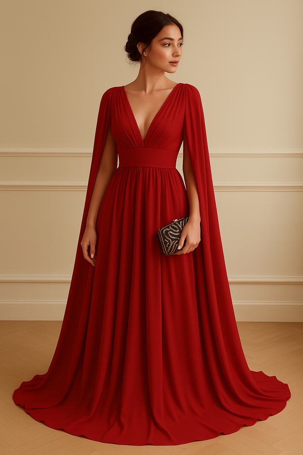 Red Cape Sleeve V-Neck Evening Gown Elegant dress
