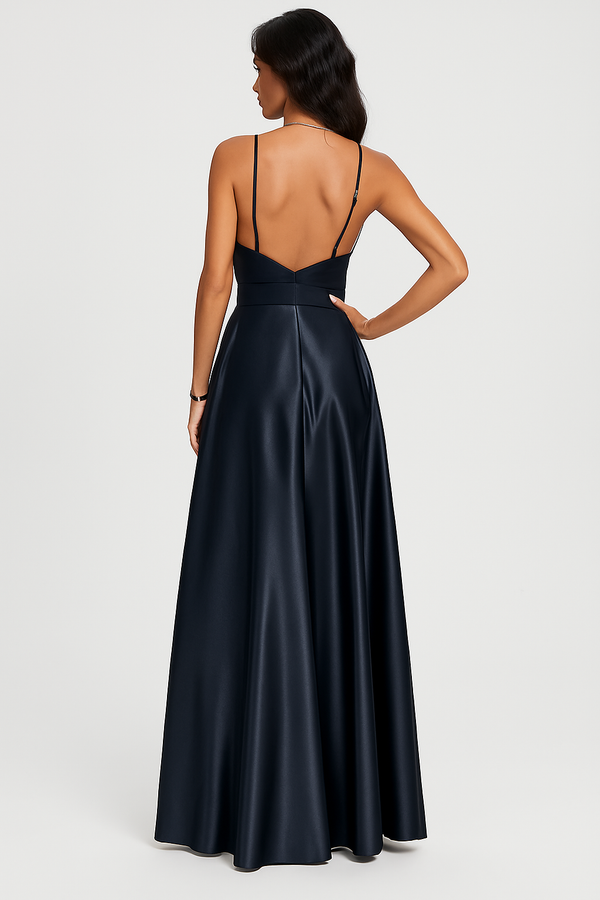 Dark Navy Satin Evening Gown with Slit