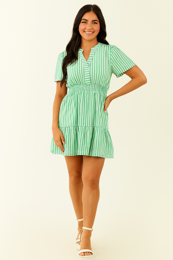 Green & White Striped Smocked Mini Dress