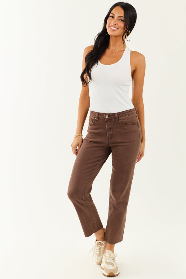 Women's Coffee Cropped High Rise Stretchy Straight Jeans - Comfortable & Stylish Fit