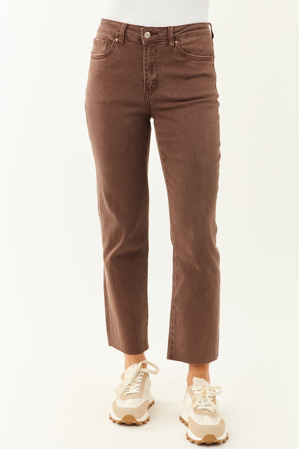 Women's Coffee Cropped High Rise Stretchy Straight Jeans - Comfortable & Stylish Fit