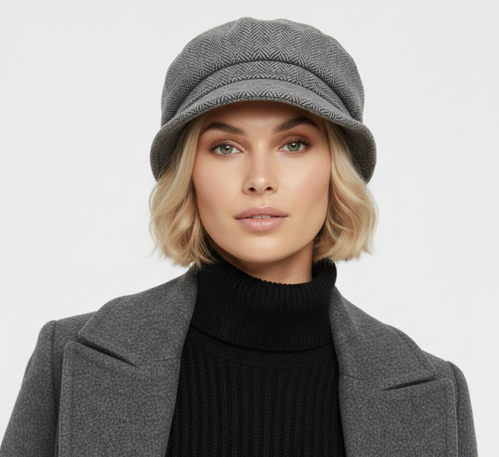 Grey Herringbone Newsboy Cap – Vintage Texture & Modern Elegance