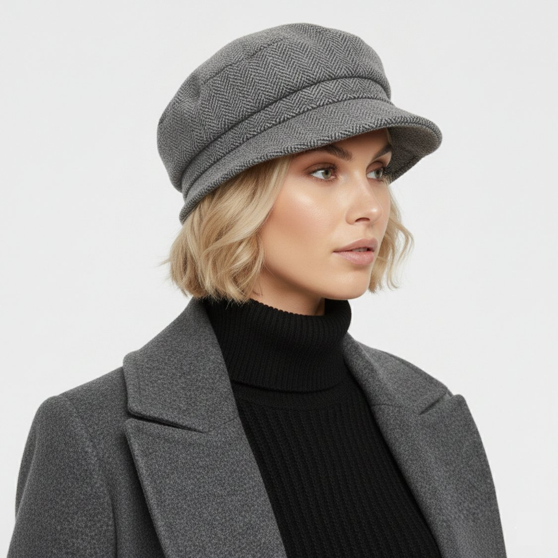 Grey Herringbone Newsboy Cap – Vintage Texture & Modern Elegance