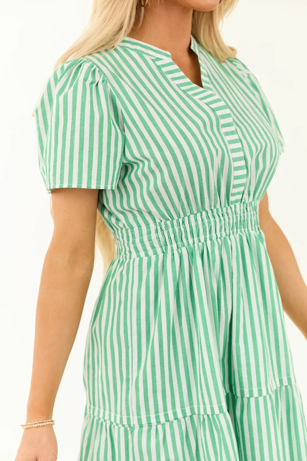 Green & White Striped Smocked Mini Dress