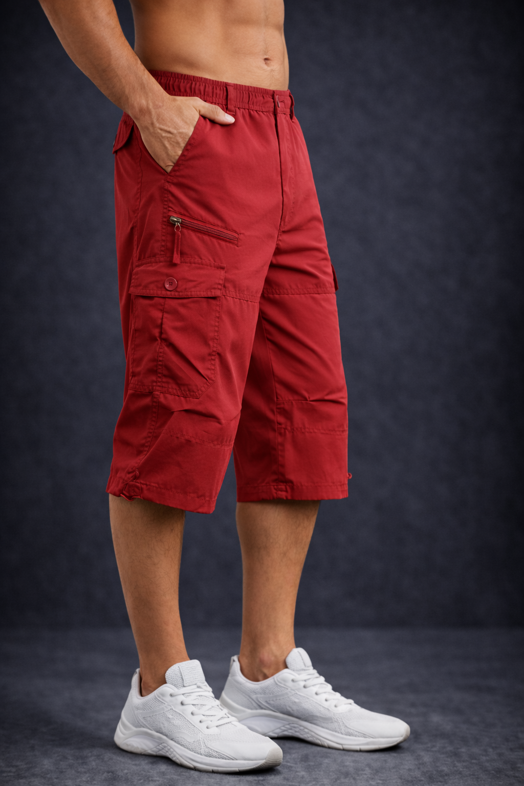 Man dressed in red summer shorts
