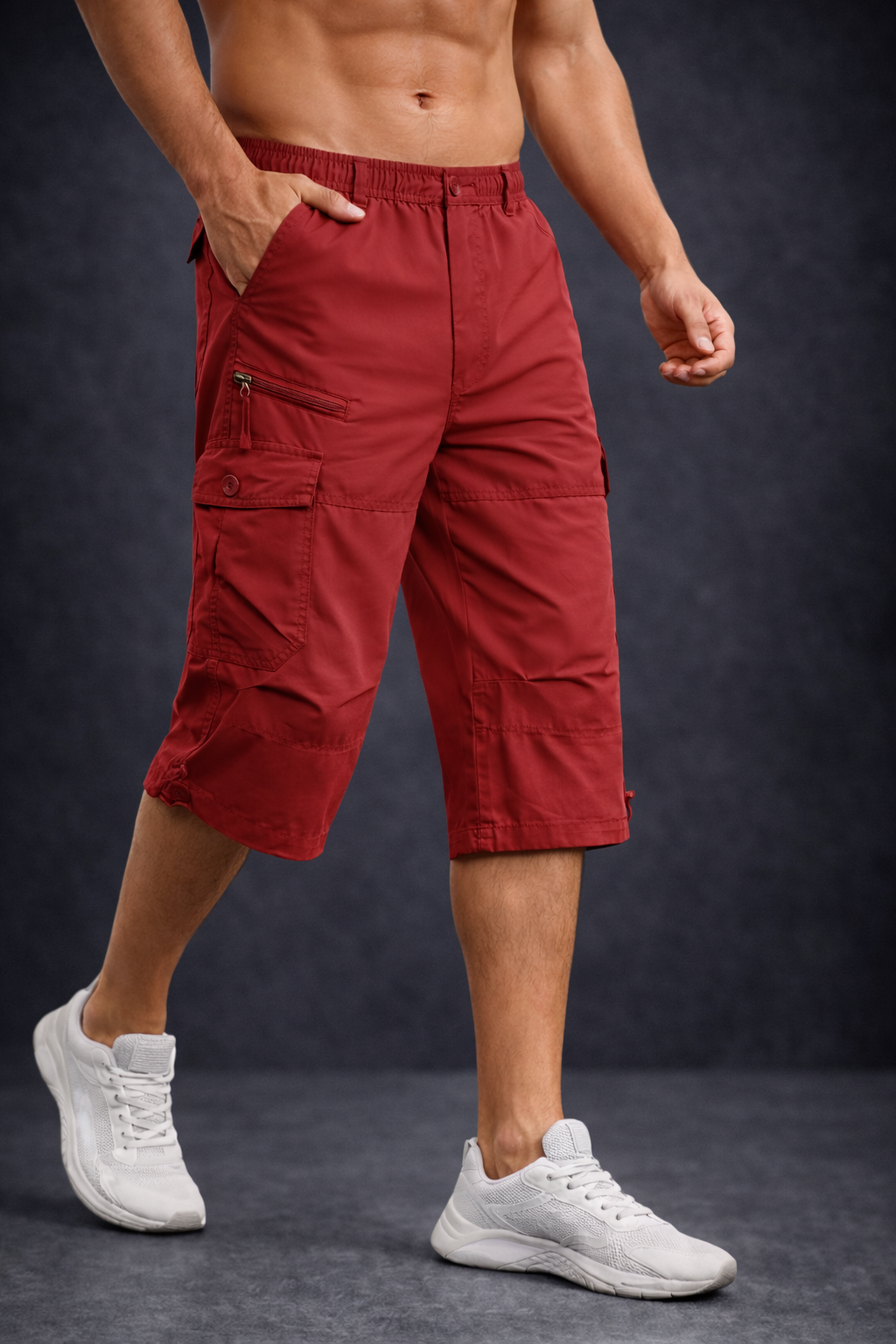 Man wearing red shorts