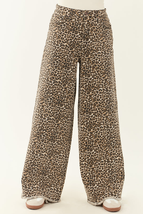 Saige Sepia Leopard Tummy Control Stretchy Wide-Leg Jeans for Women - Flattering Fit & Comfort