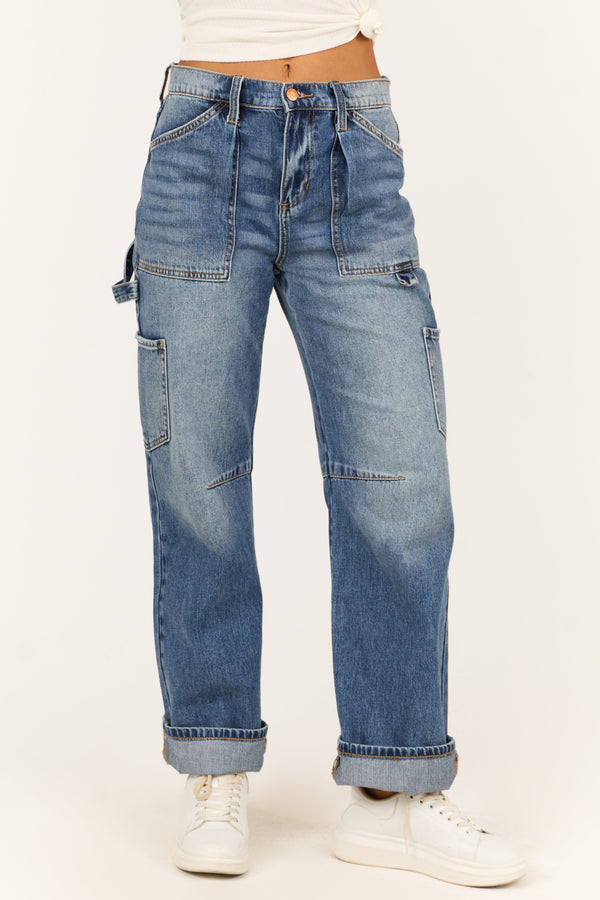 Sneak Peek Medium Wash Utility Straight Leg Jeans for Women - Stylish & Versatile Denim